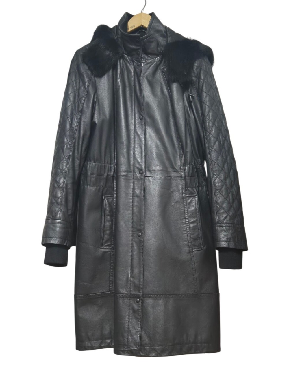 Danier Genuine Leather Coat Large Black Rabbit Fur Trim Quilted Sleeves - Picture 4 of 12